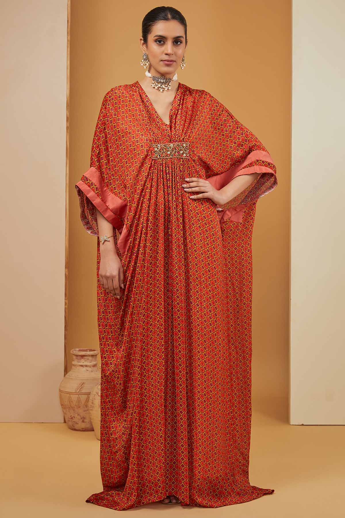Designer Neha Khullar Orange Geometric Print Kaftan for Women Online